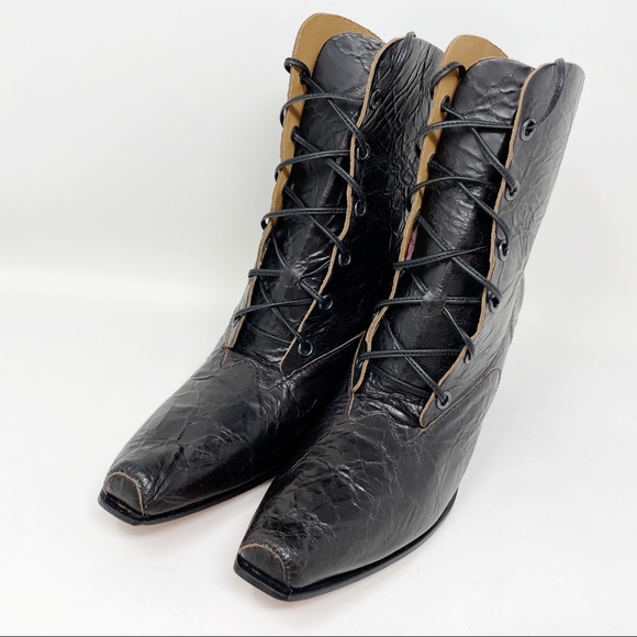 CYDWOQ Andesite Handmade Crackled Leather Square Toe Lace Up Boots Size 36, US 6 - Picture 4 of 12